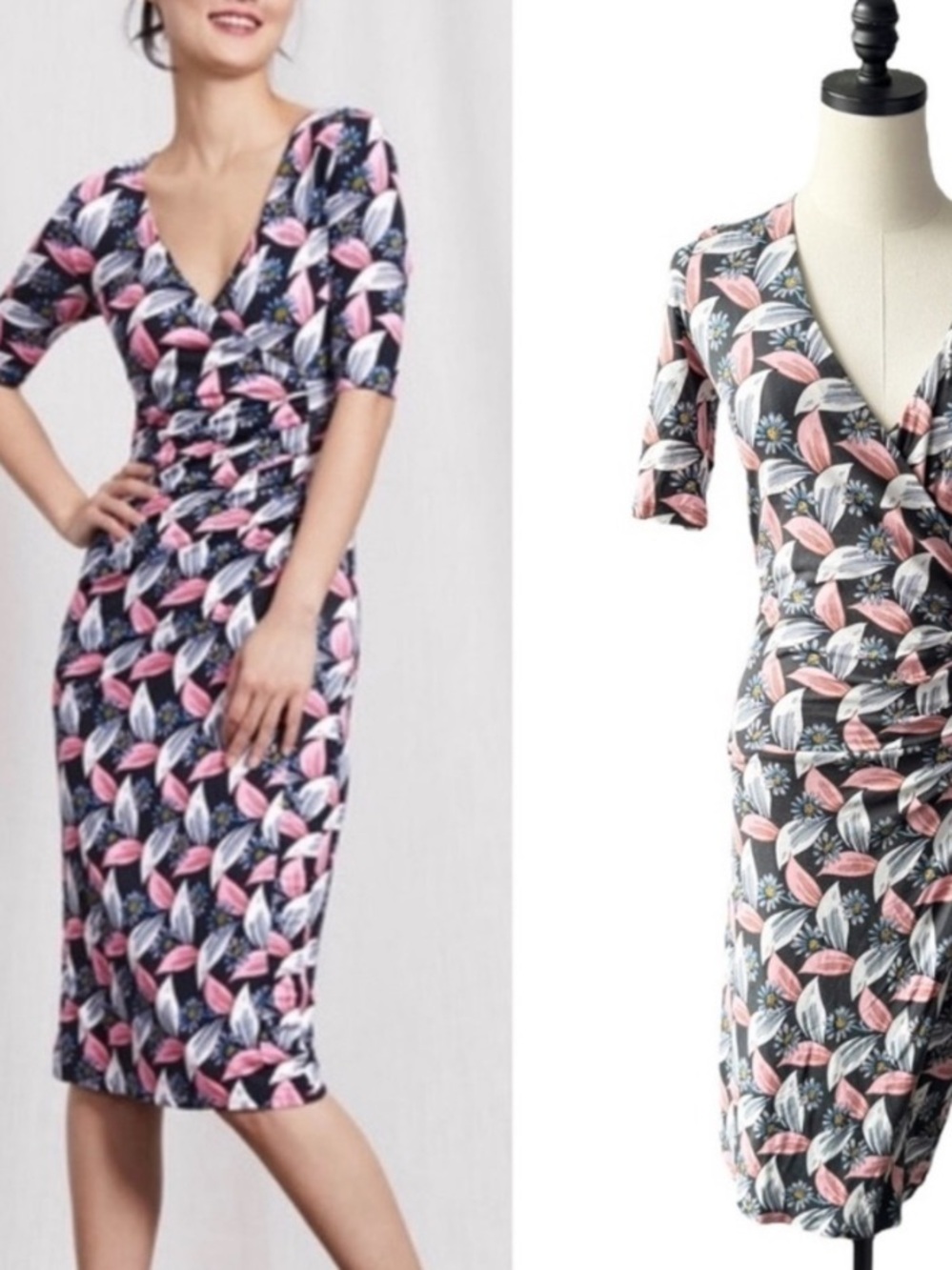 BODEN Navy Faux Wrap Midi Dress w/ Peach and Cream Leaf Print Size 8 US REGULAR